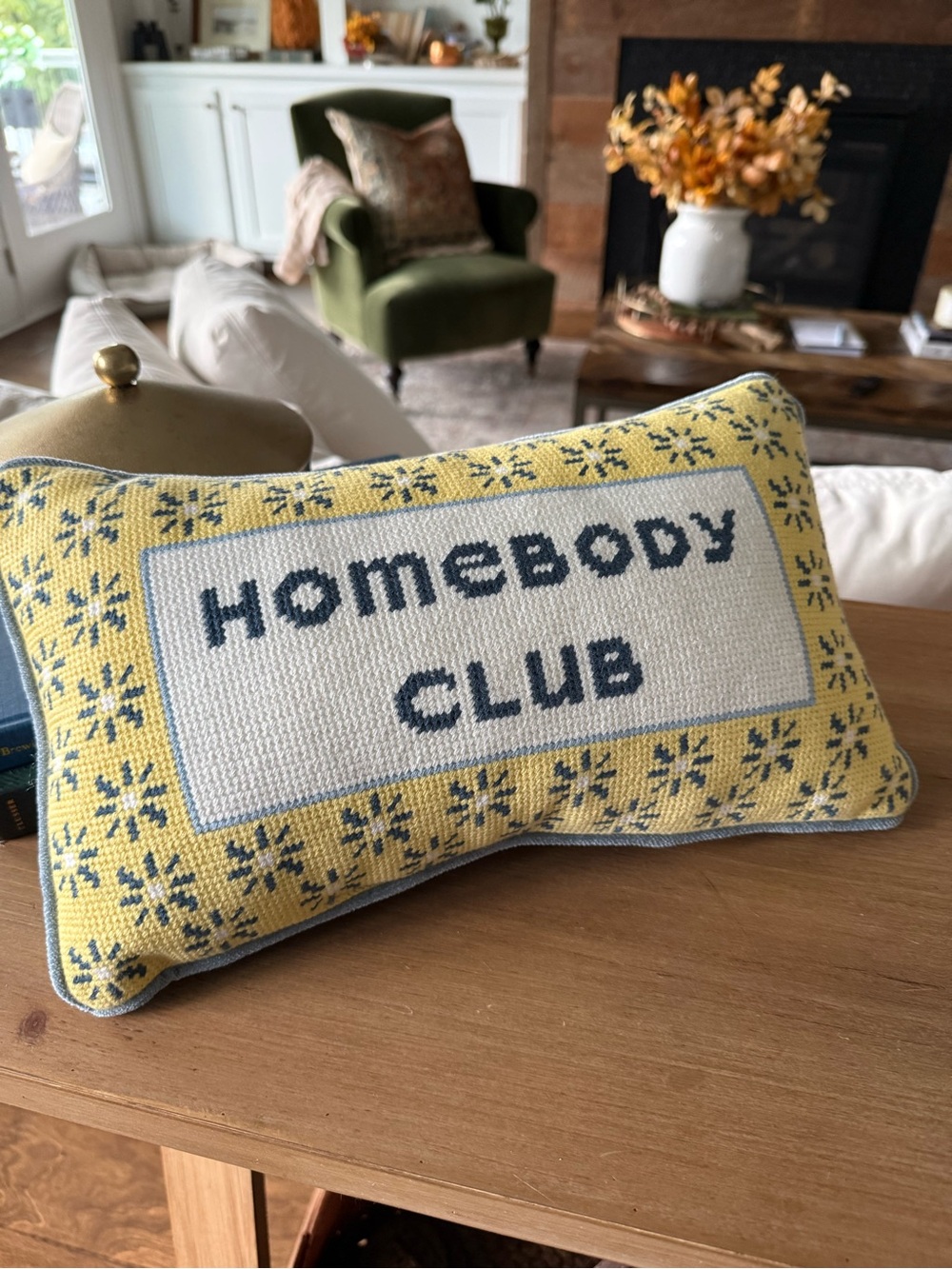 Rachel Zoe Homebody Club Needlepoint Pillow Yellow Blue 9x15